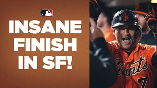 GIANTS PULL OFF INSANE WIN Tie it on HR on last out then win on sac fly from PITCHER [upl. by Ytsud]