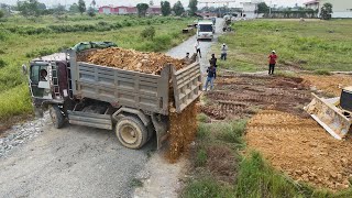 Start new project Best Technique Land filling With Bulldozer KOMATSU D31P And Dump Trucks 5T [upl. by Ailegna]