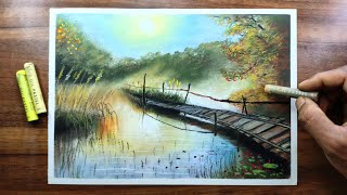 Morning aesthetic drawing with oil pastels  The bridge with misty river  Pastel Drawing tutorial [upl. by Novyar]