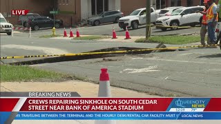 Large sinkhole shuts down road near Bank of America Stadium in Charlotte [upl. by Aikemot28]