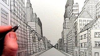 How to Draw a City Street View in One Point Perspective TL [upl. by Thorin]