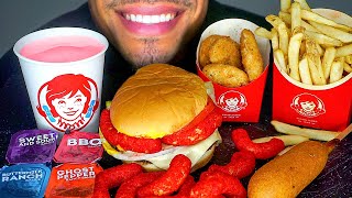 ASMR WENDYS MUKBANG HOT CHEETOS NUGGETS CHEESEBURGER CORN DOG FROSTY FRIES JERRY EATING SHOW [upl. by Ecnarretal]