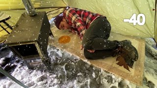 EXTREME Winter SNOW STORM 40C WINTER CAMPING WINTER STORM hits HOT tent FREEZING wind [upl. by Lletnahs]