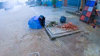 A Massive Blocked Drain Flooded Street A Heavy Rain Drain Unclogging [upl. by Manchester915]