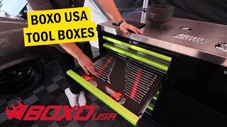 Boxo USA Tool Boxes and Tool Carts SEMA 2021 [upl. by Ainadi216]