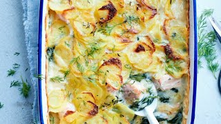 Recette  Gratin de pommes de terre au saumon et épinards [upl. by Durrej]