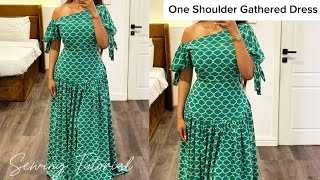 How to Cut amp Sew a One Shoulder Gathered Dress With Balloon Sleeves [upl. by Annaitat]