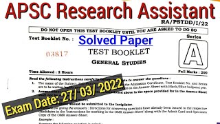 APSC Solved Paper 2022  APSC Research Assistant question paper 2022  apsc jaa previous year paper [upl. by Ajad]