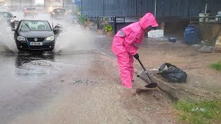 Draining Massive Floods by Unblocking Drains While Rainstorm [upl. by Noterb]