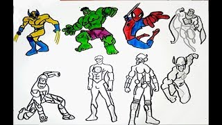 ALL SUPERHEROES Coloring pages HULK IRON MAN SPIDERMAN SUPERMAN WOLVERINEFLASH drawing colors [upl. by Inor]