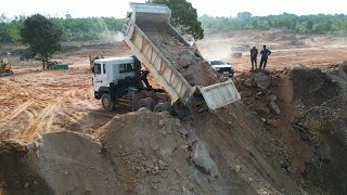 Massive Project Incredible Mountain Land Filling 15T Trucks Unloading amp Bulldozer D37E Pushing Stone [upl. by Eddi]