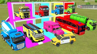 TRANSPORTING EXCAVATOR BUS MIXER TRUCK POLICE CARS AMBULANCE FIRE TRUCK DUMP TRUCKS  FS22 [upl. by Neenaej323]