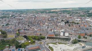 Namur Belgium Arrow at the confluence of the Sambre and Meuse rivers City Square d Armes Aeri [upl. by Atinniuq446]