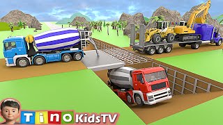 Excavator amp Wheel Loader Trailer Trucks for Kids  Underpass Road Construction [upl. by Anoirb]