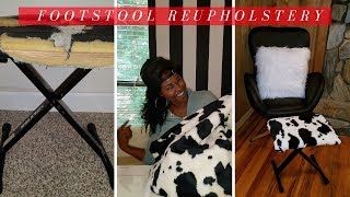 DIY FAUX COWHIDE PRINT FOOTSTOOL  REUPHOLSTERED FOOTSTOOL  CRAFTING WITH CASS [upl. by Ina]