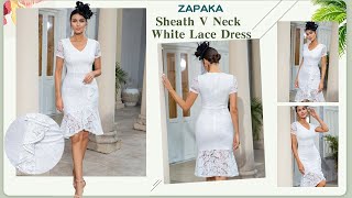 ZAPAKA Sheath V Neck White Lace Dress Mother of Bride Dress [upl. by Queen]