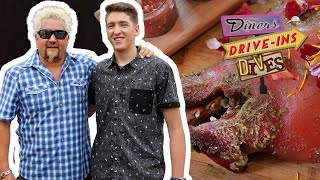 Guy amp Hunter Fieri Eat a Pig Head Platter  Diners DriveIns and Dives  Food Network [upl. by Ecnedac]