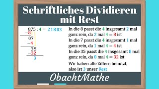 Schriftliches Dividieren mit Rest  Klasse 4 und Klasse 5  ganz einfach erklärt  ObachtMathe [upl. by Evin]