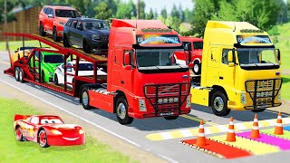 DOUBLE FLATBED TRAILER TRUCK Vs SPEED BUMPS TRAIN Vs CARS  BeamNG Drive [upl. by Ailimaj959]