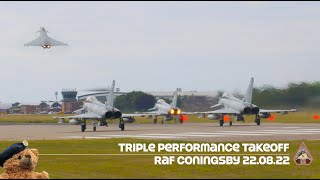 Triple Eurofighter Typhoon Performance Takeoff  29 Squadron RAF Coningsby 4K TedCam™ 220822 [upl. by Lilia]