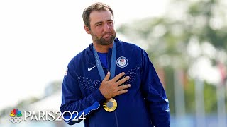 Scottie Scheffler tears up during medal ceremony national anthem after taking gold  Paris Olympics [upl. by Admana]