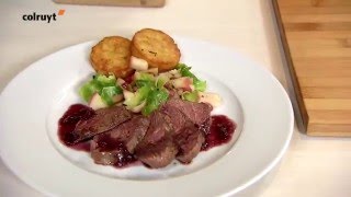 Recept Hindesteak met sjalotsaus en appelspruitenpannetje Colruyt [upl. by Roybn]