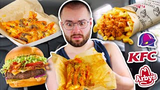 Eating NEW Fast Food Items For 24 HOURS Taco Bell Grilled Cheese Fries Arbys Good Burger 2 Meal [upl. by Beall]