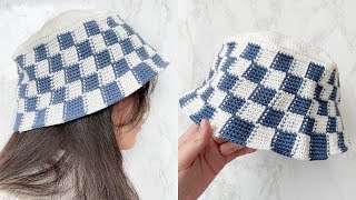 Crochet Checkered Bucket Hat Tutorial [upl. by Nov]