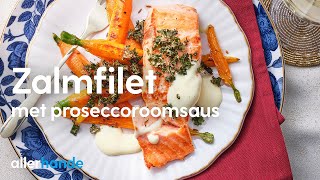 Zalmfilet bakken met proseccoroomsaus en gouden boerenkool  Recept  Allerhande [upl. by Ferdinande]