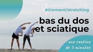 Etirements bas du dos et sciatique  5 minutes pour dénouer les tensions [upl. by Anirahtak]