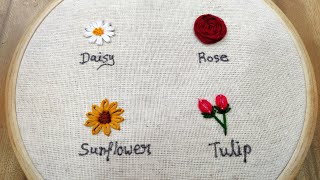 4 type of flowers embroidery  Basic embroidery stitches for beginners  Embroidery for beginners [upl. by Ohnuj]