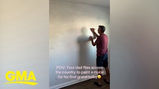 Grandfather flies across the country to paint mural in 1st grandchilds nursery [upl. by Atekahs]