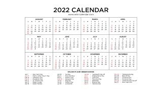 Year 2022 Calendar Printable with Holidays  Wiki Calendar [upl. by Emixam]