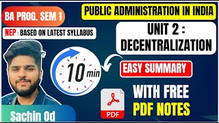 Decentralization unit 2 public administration in india sem 1 ba program easy summary [upl. by Slotnick]