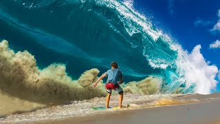 RAW  Young Professional Skimboarders Attempt to Ride Giant Waves On The Beach of Cabo San Lucas [upl. by Deelaw982]