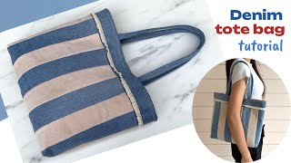 sewing idea denim patchwork to tote bag pattern diy denim tote bag from old jeans  sewing tips [upl. by Lesly973]