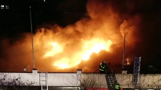 Dramatic Explosion on FDNY Firefighters  5Alarm Fire Sunnyside Queens 121318 [upl. by Kironde]