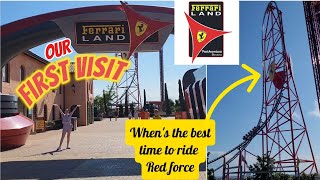 Ferrari land PortAventura  First visit EVER  Best time to ride RED FORCE ferarriland themepark [upl. by Fayina]