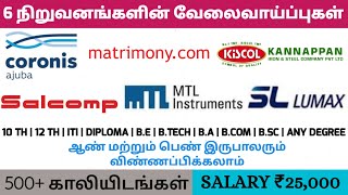 6 நிறுவனங்களின் வேலைவாய்ப்புகள்Male amp FemaleChennai JobsCoimbatore JobsPermanent Jobs [upl. by Ingra]