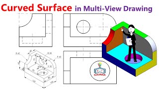 Drawing 0203 Curved Surface in Multiview Drawing [upl. by Cassella]