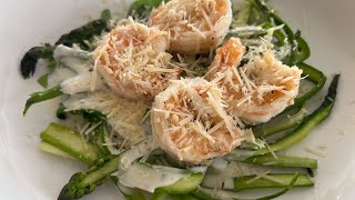 Asparagus Noodles with Alfredo Sauce and Shrimp  Lysa Long [upl. by Anytsyrk142]