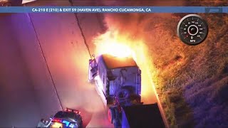 Stolen big rig bursts into flames during pursuit in Southern California [upl. by Aipmylo]