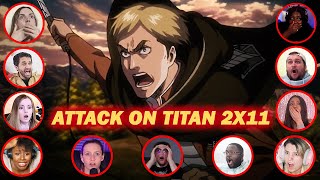 Youtubers react to ERWINS ADVAAANCE Attack On Titan Season 2 Episode 11 [upl. by Eenel]