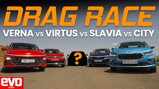 Sedan Battle Hyundai Verna v Volkswagen Virtus v Skoda Slavia v Honda City  Drag Race  evo India [upl. by Ainattirb]