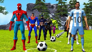 SpiderMan challenge of kicking the ball and hitting the target vs Ronaldo vs Messigame 5 superhero [upl. by Ytirev401]