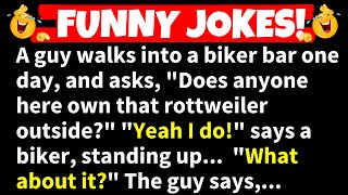 🤣FUNNY JOKES  A guy walks into a biker bar and asks quotDoes anyone here own that rottweiler [upl. by Oznole]