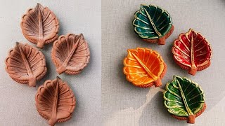 How to Colour leaf shaped Diya paintingColouringdecorating designshome easy Diwali DIY craft Idea [upl. by Meagan]