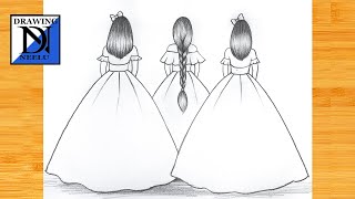 How to draw a three Girl best friend  Very easy sketch for beginner  Girl Friendship drawing [upl. by Ylrad72]