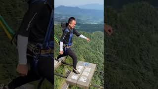 Bungee Jumping With Rope In Beautiful Place Man Crossed The Rope Bridge With Difficultytravel [upl. by Ecirpac660]