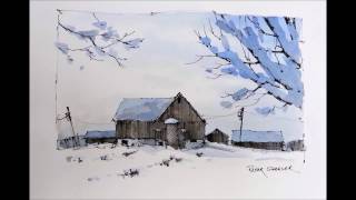 Line and Wash quotWinter Farmquot Watercolor with just Two Colors Great beginner Lesson Peter Sheeler [upl. by Oj648]